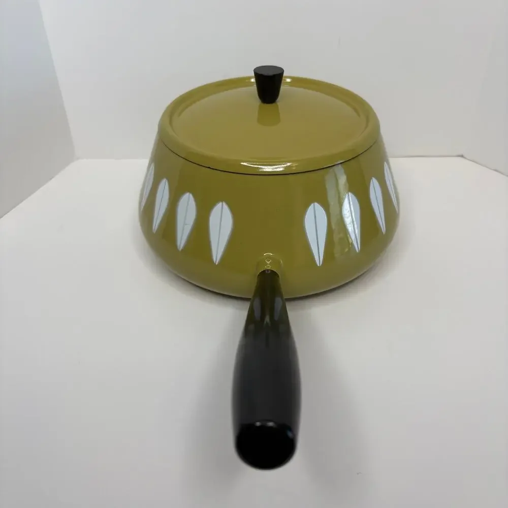 Vintage MCM Cathrineholm Avocado Green Enamel Lotus Design Fondue Pot